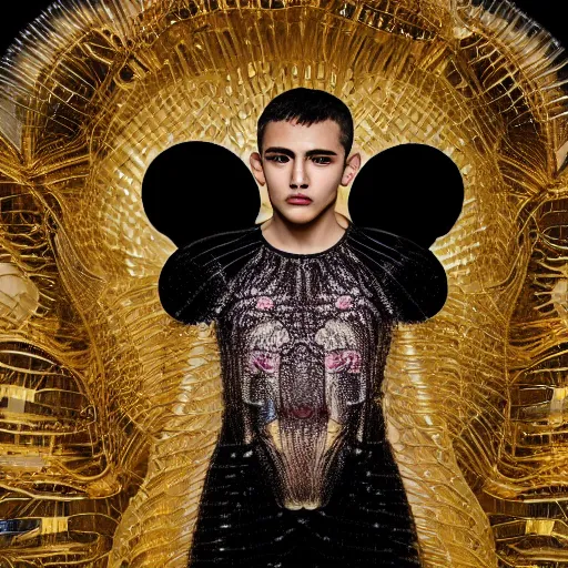 Prompt: a beautiful young mexican male wearing iris van herpen mickey mouse couture, photographed by erwin olaf