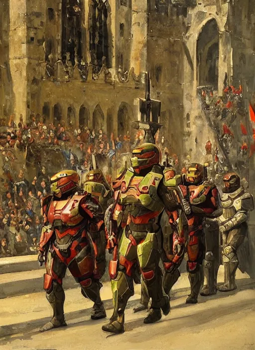 Image similar to halo master chief in a medieval royal procession by alexander averin