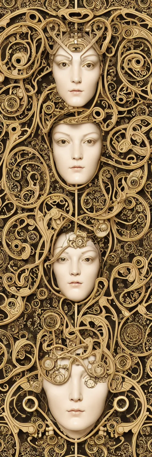 Image similar to seamless pattern of beautiful cybernetic baroque robot, beautiful baroque porcelain face + body is clear plastic, inside organic robotic tubes and parts, damask patern, front facing, wearing translucent baroque rain jacket, carved gold panel + symmetrical composition + intricate details, hyperrealism, wet, reflections + by alfonse mucha, no blur