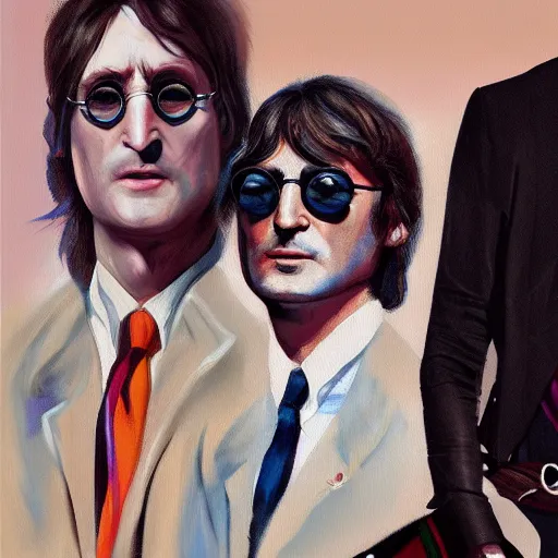 Prompt: john Lennon fashion, gucci catwalk, oil painting, digital art, ultradetailed, artstation