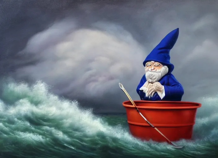 Image similar to a terrified garden gnome sailing in a bucket, background of raging ocean on a stormy with dramatic clouds, an ultrafine detailed painting by mark ryden, trending on deviantart, pop surrealism, whimsical, lowbrow, danger, perfect symmetrical face