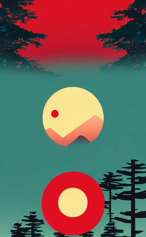 Prompt: hanafuda, a big red charm is floating above a forest of japanese pines, a big red sun in the background, original style, front game card, vector line art, trending on behance, concept art, stunning, matte