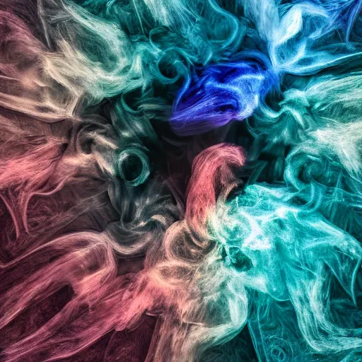 Image similar to multi color smoke, one smoke is the shape of a small ( outstretched ribbed wings and head of an ancient dragon ), billowy, hdr, 8 k, 4 k