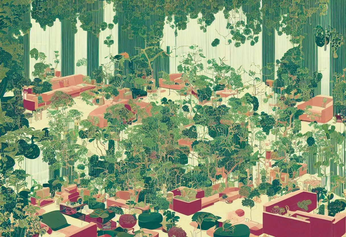 Prompt: luxury living room full of plants and trees by victo ngai