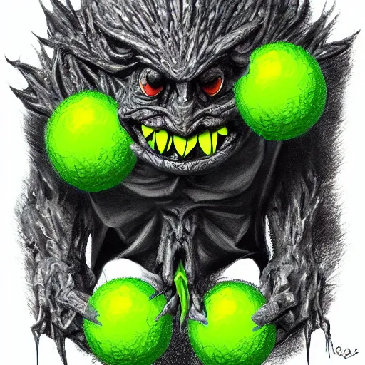 Image similar to a tennis ball monster, tennis ball, dark, chalky, gargoyle, digital art, fantasy, magic, trending on artstation, ultra detailed, professional illustration by Basil Gogos