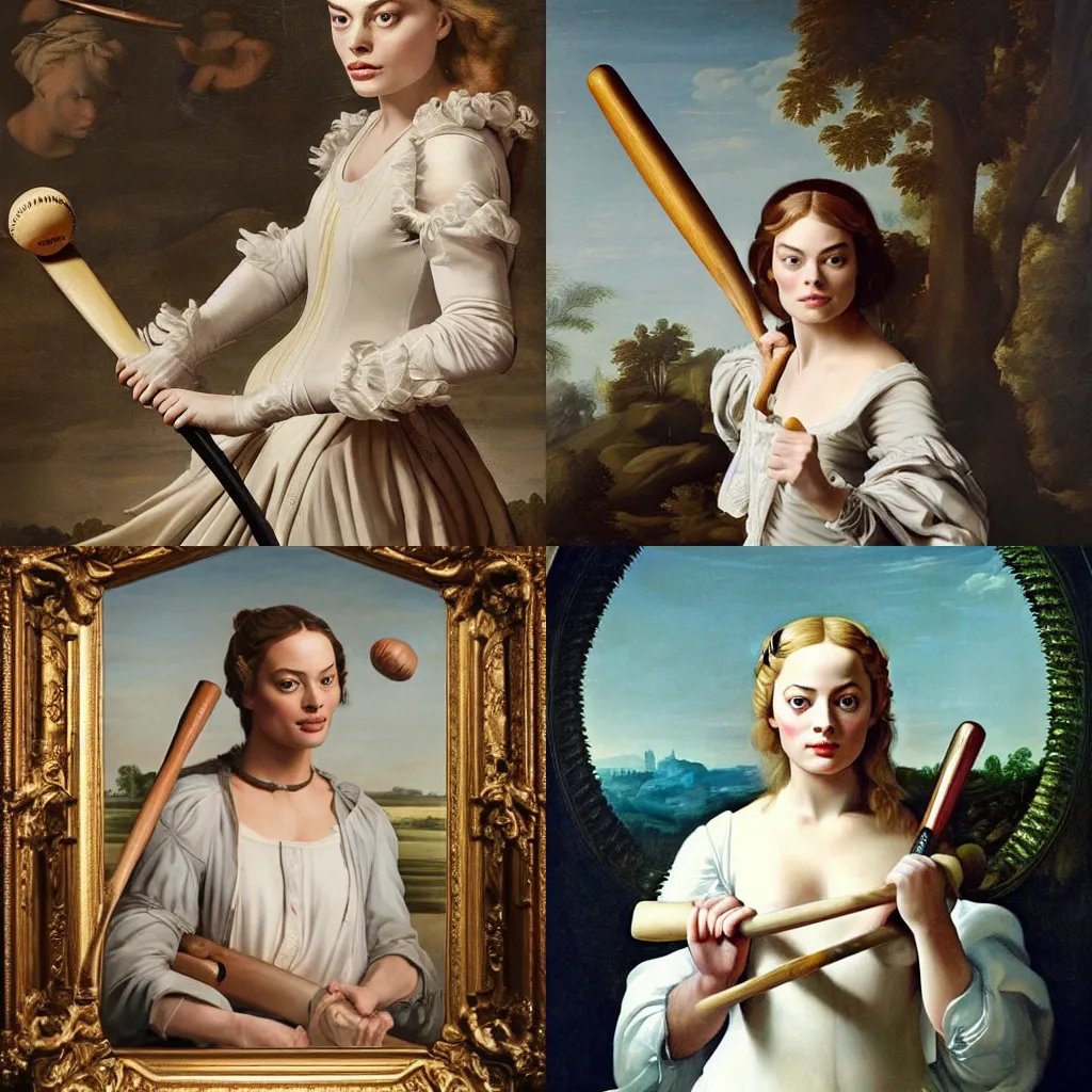 Prompt: a portrait of a margot robbie holding a baseball bat, baroque art style, ethereal, high detail, renaissance painting