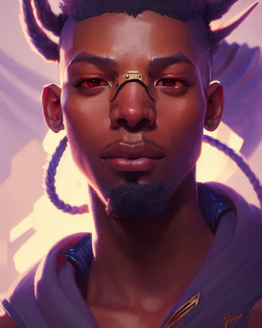 Image similar to baptiste from overwatch, character portrait, portrait, close up, concept art, intricate details, highly detailed by greg rutkowski, michael whelan and gustave dore