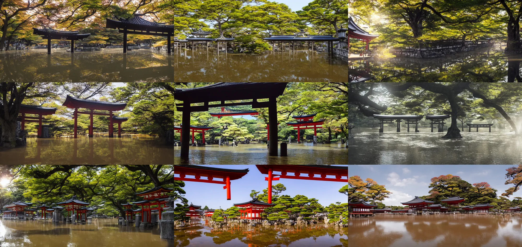 Prompt: Architectural section, Torii Gate, The ground was flooded with a layer of shallow water, tight temples surround the in town of Kyoto, sun rays, animated by Kyoto Animation, KyoAni, landscape, beautiful, gorgeous, dramatic lighting, rule of thirds, perfect composition, trending on ArtStation, 8k