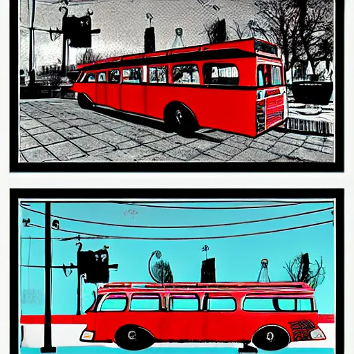 Image similar to soviet bus stop, in the style of daniel johnston and outsider art, 8k, line brush, overlaid with chinese adverts