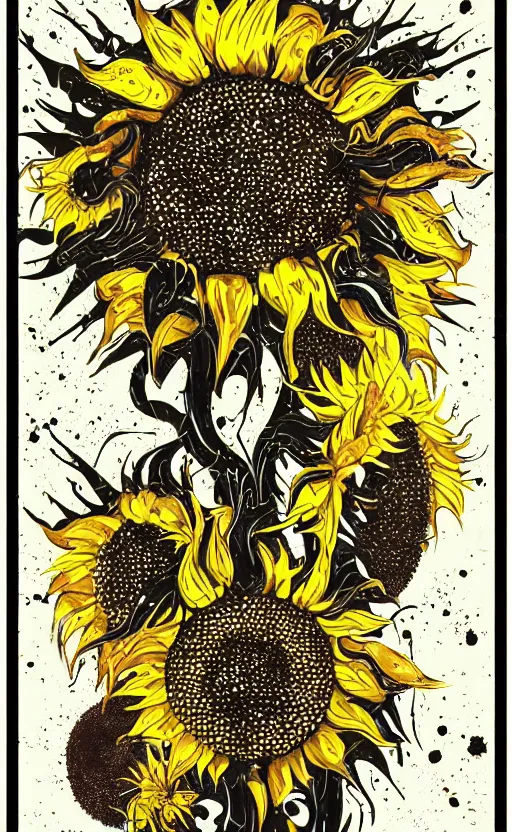 Image similar to 8 k cursed with necronomicon horrorcore cel animation poster depicting sunflowers spattered with blood, intricate, metropolis, 1 9 5 0 s movie poster, post - processing, vector art