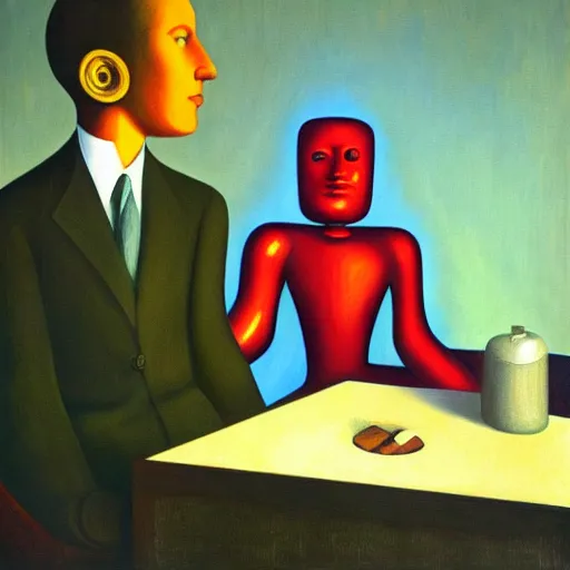 Image similar to robot therapist, portrait, grant wood, pj crook, edward hopper, oil on canvas