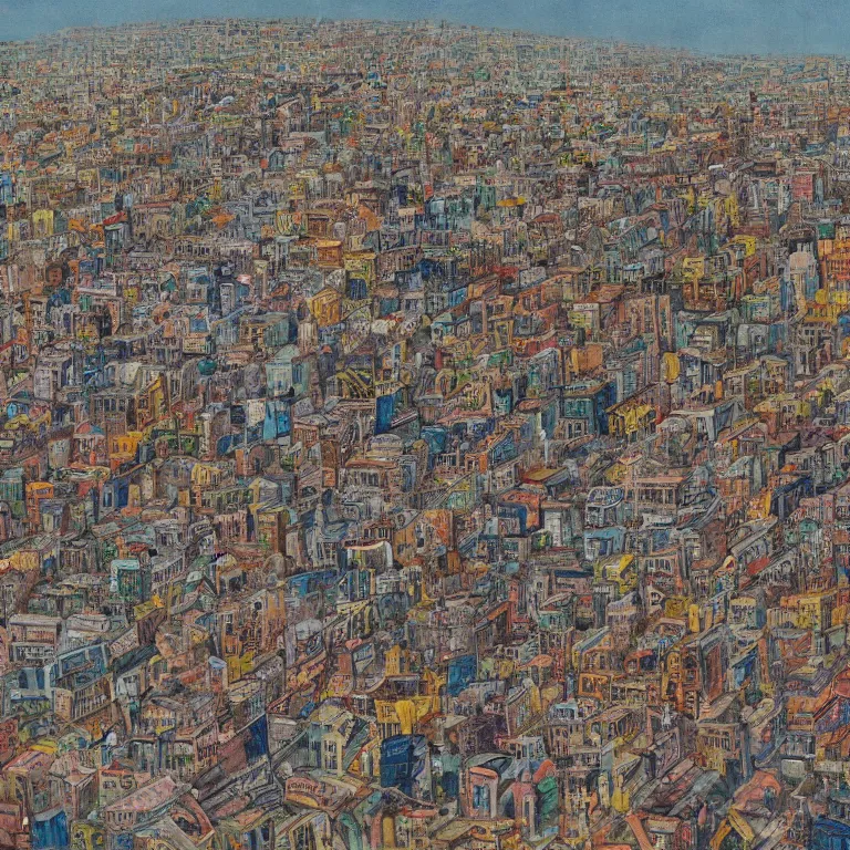 Image similar to Nuclear explosion in a densely populated city with 20 million people, painted by Pablo Amaringo