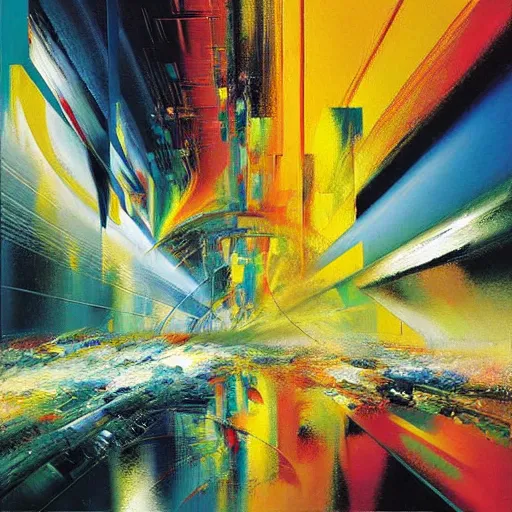 Image similar to abstract art representing momentum, oil painting by john berkey and gabriel dawe, masterwork