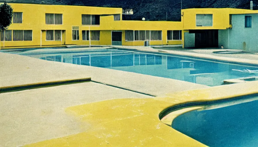 Image similar to 1 9 6 0 s movie still of empty light yellow tiles swimmingpool, low quality, liminal space style