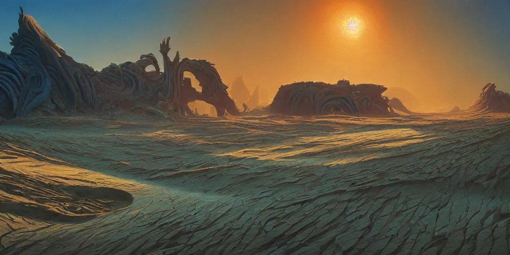 Prompt: the sands of time, a highly detailed cinematic oil painting by roger dean and alena aenami, bones of a colossal creature submerged in sands, dynamic lighting