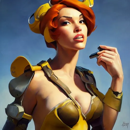 Image similar to greg manchess portrait painting of april o'neil as overwatch character, medium shot, asymmetrical, profile picture, organic painting, sunny day, matte painting, bold shapes, hard edges, street art, trending on artstation, by huang guangjian and gil elvgren and sachin teng