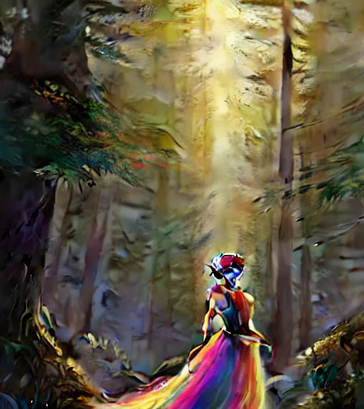 Image similar to highly detailed portrait of women wearing rainbow gown in middle of colorful forest in gta v, stephen bliss, unreal engine, fantasy art by greg rutkowski, loish, rhads, ferdinand knab, makoto shinkai and lois van baarle, ilya kuvshinov, rossdraws, tom bagshaw, global illumination, radiant light, detailed and intricate environment