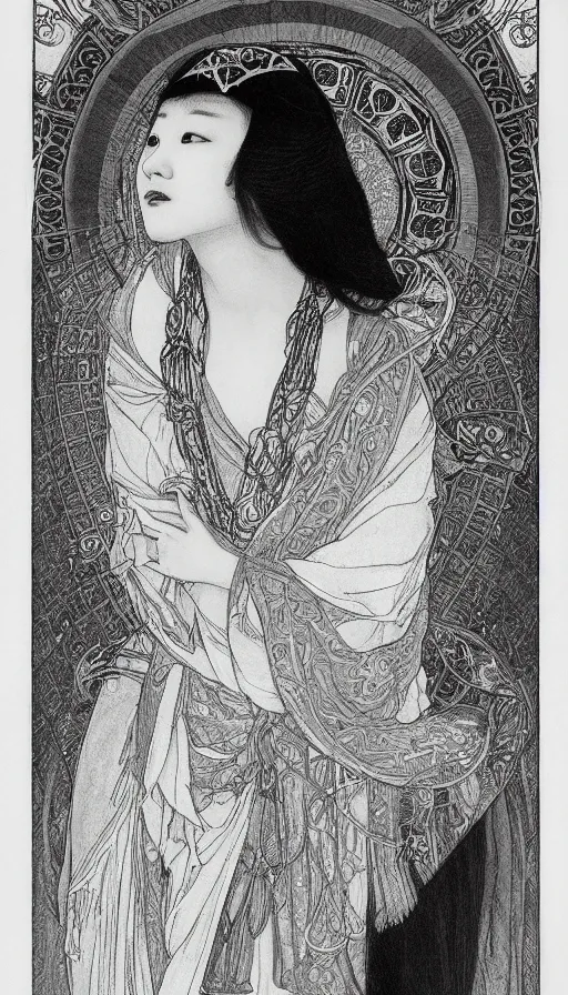 Image similar to yoon young bae as the high priestess, by mucha, black and white graphite drawing, smooth render