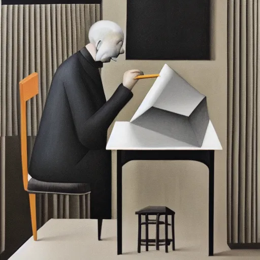 Prompt: a painting of a man drawing a painting. by gertrude abercrombie. precisionism, surrealism, dark, low contrast, featured on pixiv, art on instagram, detailed painting