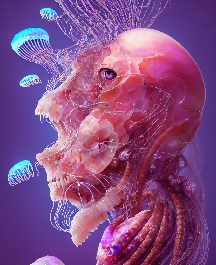 Image similar to goddess princess beautiful face close-up portrait ram skull. jellyfish phoenix head, nautilus, orchid, skull, betta fish, bioluminiscent creatures, intricate artwork by Tooth Wu and wlop and beeple. octane render, trending on artstation, greg rutkowski very coherent symmetrical artwork. cinematic, hyper realism, high detail, octane render, 8k