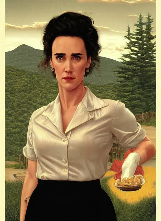 Prompt: portrait of jennifer connelly owner of diner, twin peaks poster art, from scene from twin peaks, by michael whelan, rossetti bouguereau, artgerm, retro, nostalgic, old fashioned