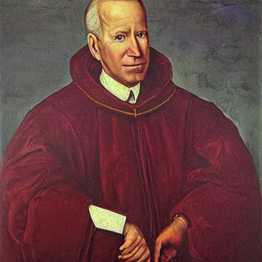 Prompt: Renaissance oil portrait of Joe Biden as a scholar, high-quality realistic oil painting with detailed strokes, Joe Biden as a robed Renaissance scholar