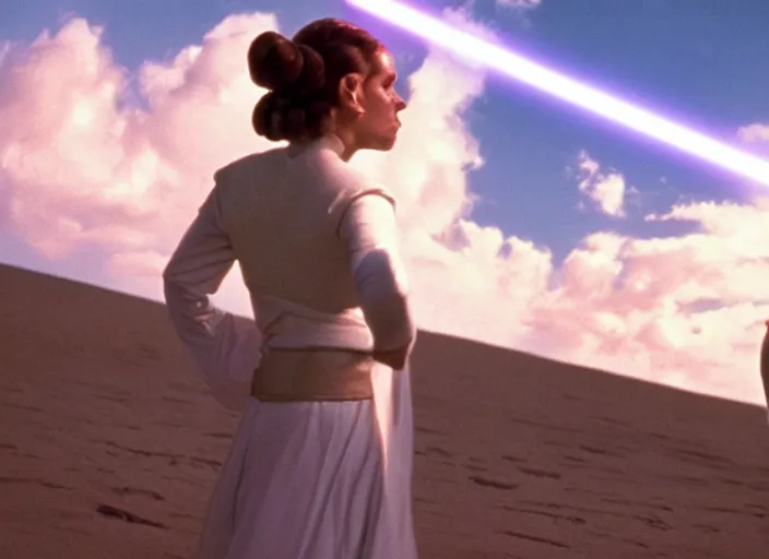 Image similar to glamour portrait of Princess Leia, played by Carrie Fischer, lightsaber training on beach planet, iconic scene from the 1980s film directed by Stanley Kubrick, kodak stock, cinematic lighting, hyper real, stunning cinematography, with anamorphic lenses, crisp, detailed portrait, 4k image