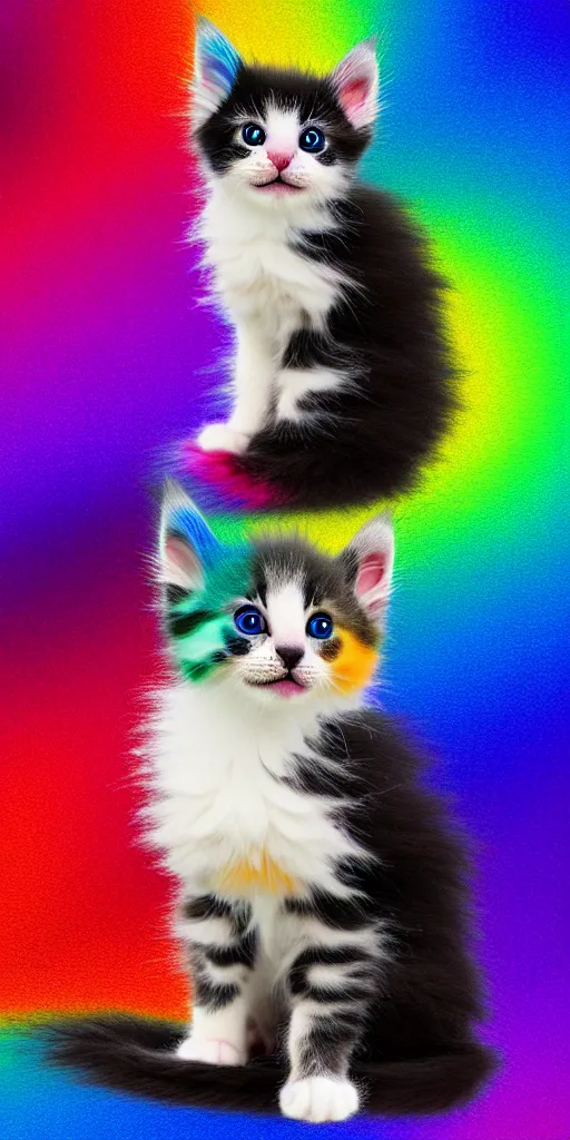 Prompt: cute fluffy rainbow kitten is sitting sweetly while wearing a black jacket, simple background, digital art,