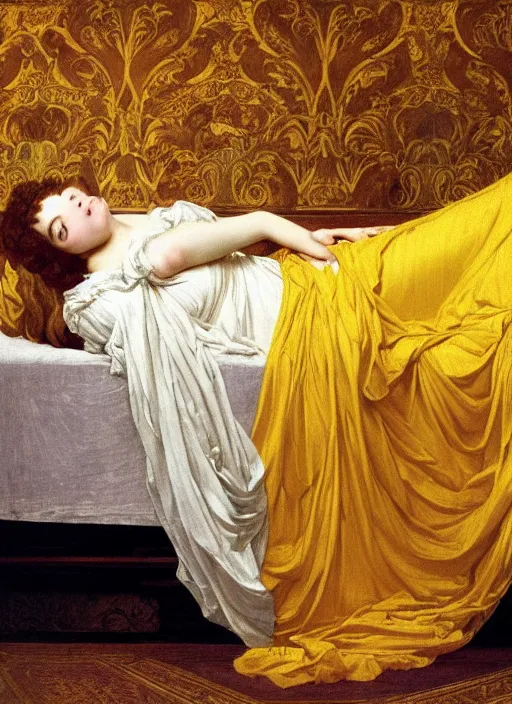 Image similar to masterpiece portrait of lady reclining on bed, rococo flowing cloth in wind raising twisting rising sheets floating in wind flying, wearing yellow ochre ornate medieval dress, vertical, foreshortening, colour photography by frederic leighton, william morris, 8 k