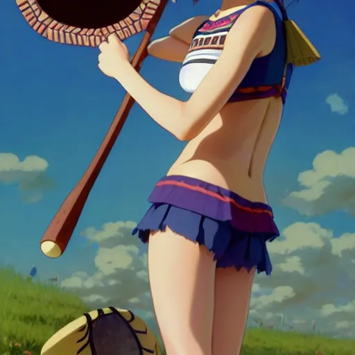 Image similar to beautiful boyish natalie portman gravure model in majora's mask, wearing wooden mask and baseball cap and leotard, street wear with subtle mayan patterns, aztec bathing suit, gapmoe yandere grimdark, trending on pixiv fanbox, painted by greg rutkowski makoto shinkai takashi takeuchi studio ghibli, akihiko yoshida