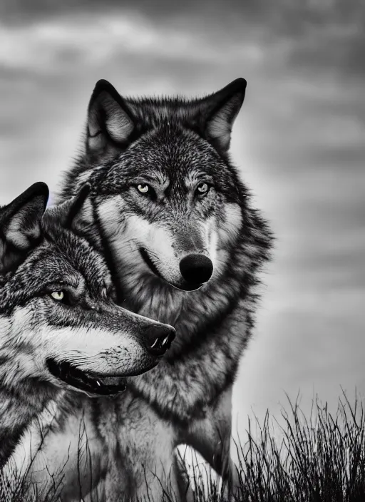 Image similar to two wolves black and white portrait white sky in background