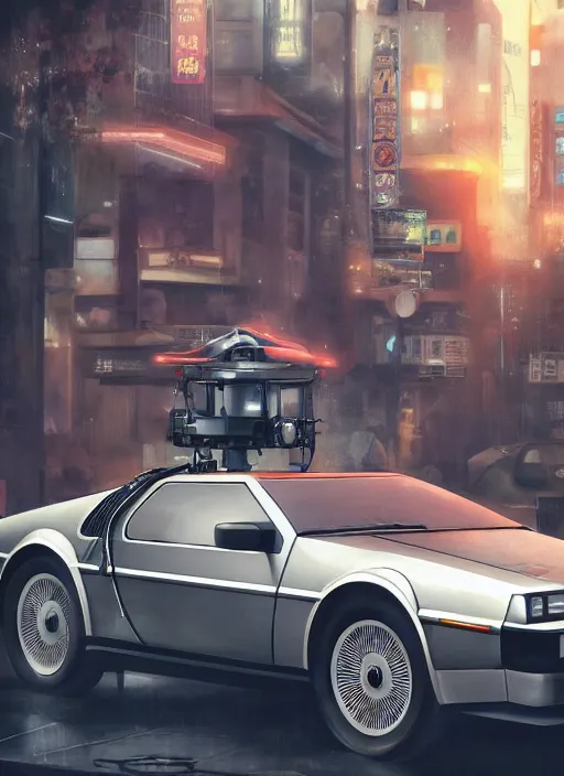 Image similar to 1 9 2 2 delorean in a japanese city, 4 k, greg rutkowski, highly detailed, retrofuturistic, artstation