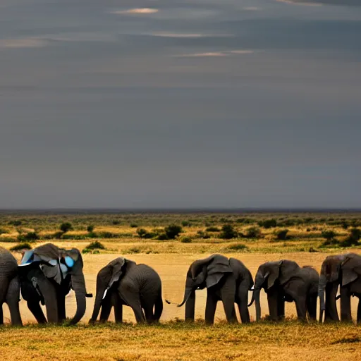 Image similar to an elephant herd in a vast plain, cinematic lighting, national geographic photography, masterpiece, wide angle, canon eos r 3, f / 1. 4, iso 2 0 0, 1 / 1 6 0 s, 8 k, raw, unedited, symmetrical balance