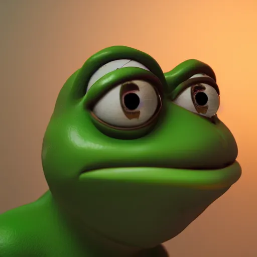 Image similar to pepe the frog, photorealistic render with cinematic lighting by beeple, cinema octane, unreal engine, 8 k