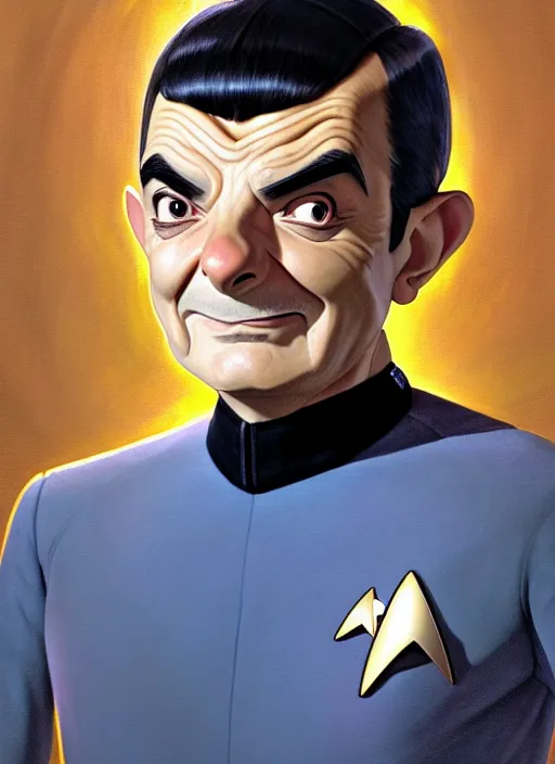 Prompt: cute star trek officer mr bean, natural lighting, path traced, highly detailed, high quality, digital painting, by don bluth and ross tran and studio ghibli and alphonse mucha, artgerm