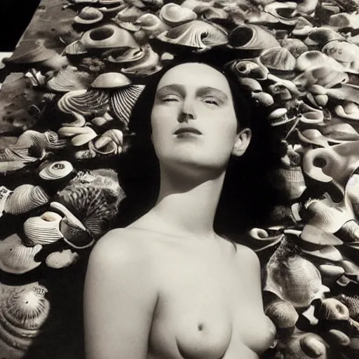 Prompt: “Portrait of a femme fatale surrounded of sea shells. Shadow and light. Abstract. Surrealist. Geometry. Black and white. Side lighting. Photography by Dora Maar. 1934”