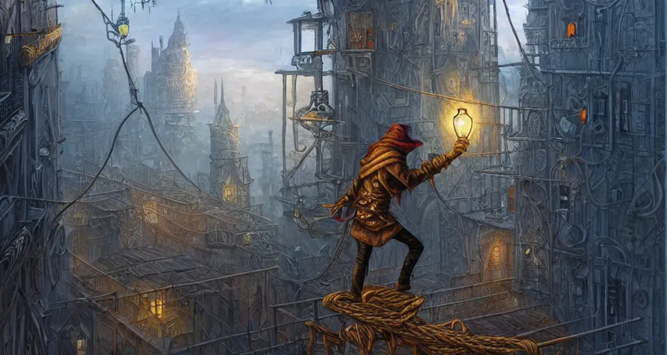 Image similar to landscape painting of a hooded thief in leathers using a rope to climb a tall metal steampunk buildings within a fantasy city which has walkways and lit windows, fine details, magali villeneuve, artgerm, rutkowski