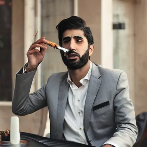 Prompt: an arab man wearing a suit smoking hookah, realistic face