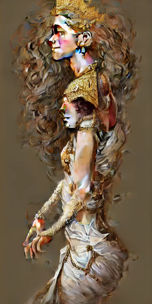 Image similar to a realistic liquid queen with a decorated dress made of white pearls , highly detailed, digital painting, Trending on artstation , HD quality, by artgerm and greg rutkowski and alphonse mucha, dramatic light, octane