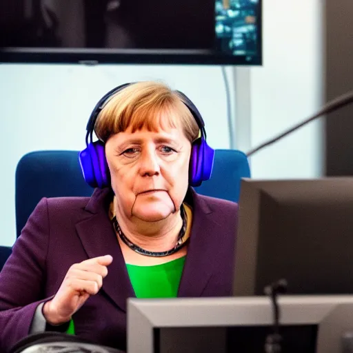 Prompt: angela merkel with rgb razer headset playing CSGO on her PC