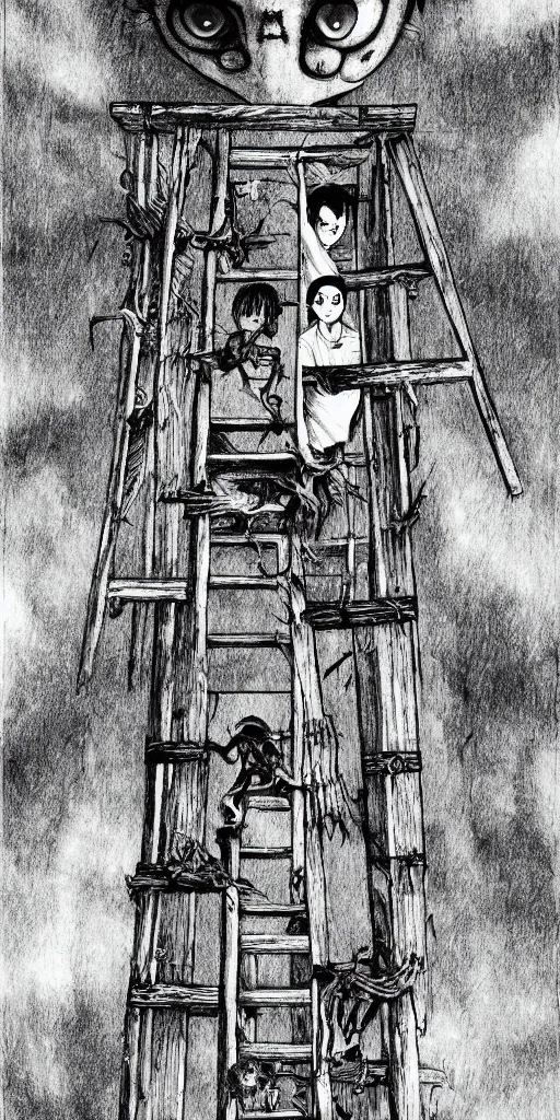 Prompt: A ladder from top to bottom, horror, creepy, dark, manga, pencil, inspired by junji ito, superior quality, masterpiece