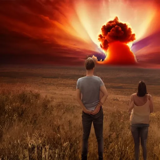 Image similar to a young couple watching a nuclear explosion, romantic, uplifting, happy, apocalytic detailed digital matte painting