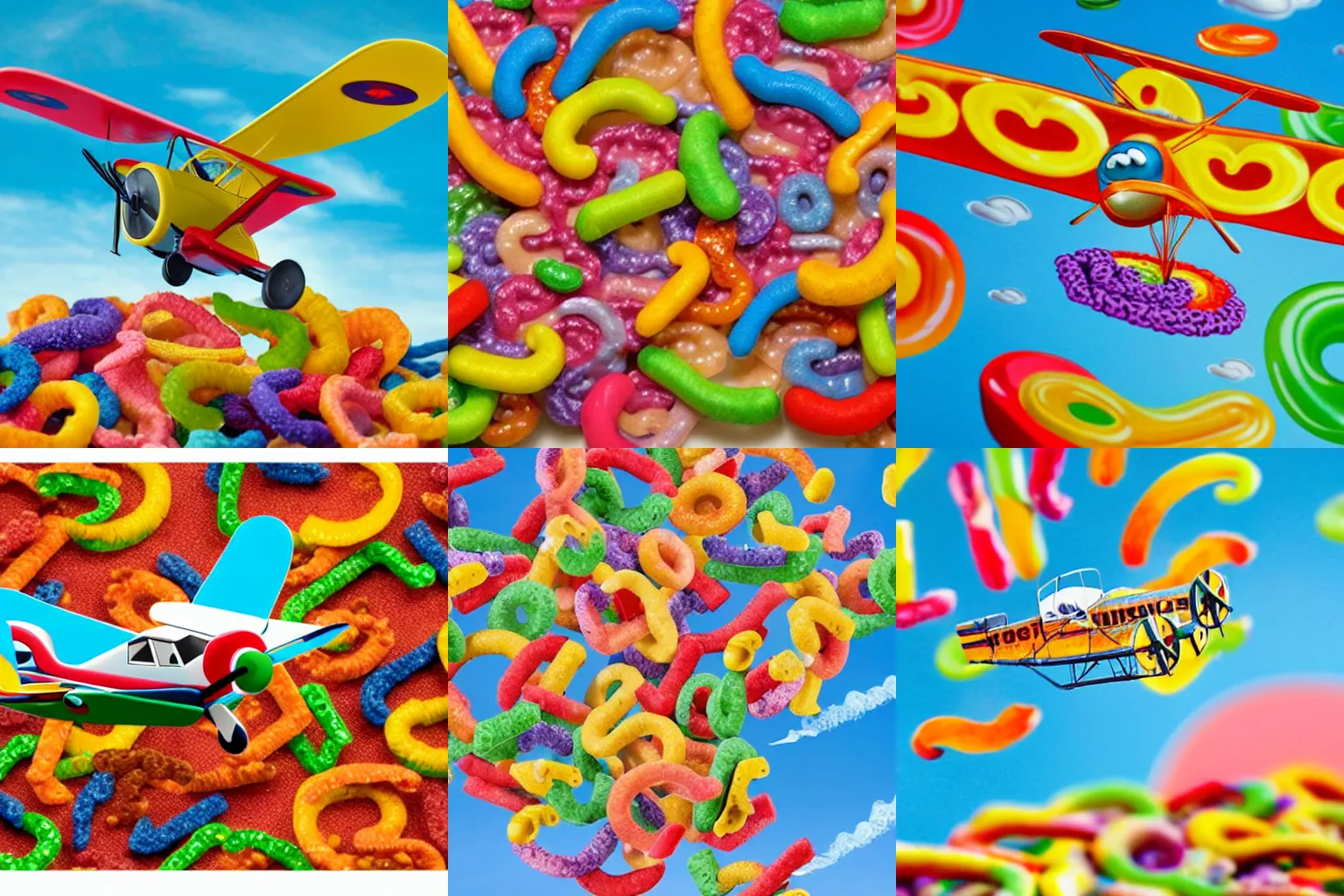 Prompt: historic photo of a biplane flying through giant fruit loop cereals, close up action shot
