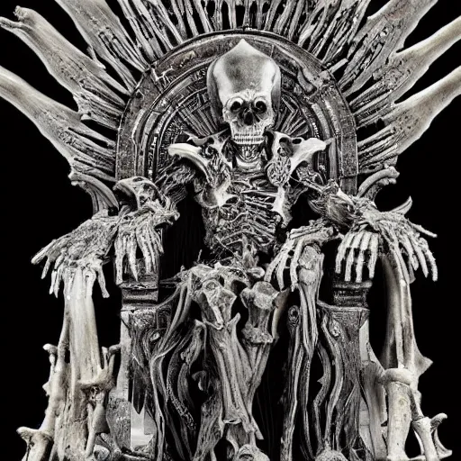 Prompt: A lich sitting on the throne made of bones, magical glow, intricate, sharp details