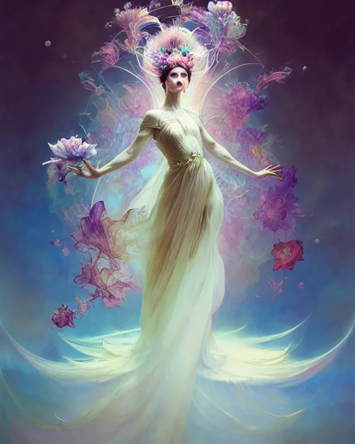 Image similar to Full View ultrarealistic Portrait ethereal fantasy deity wearing beautiful gown, rising in the air levitating, flowers, calm, 4k digital masterpiece by Anna Dittman and Alberto Seveso Ruan Jia, rossdraws, artgerm and greg rutkowski and alphonse mucha and loish and WLOP, fantasycore, Hyperdetailed, fractals, scribble art, realistic digital painting, atmospheric, fireflies, soft lighting, featured on Artstation