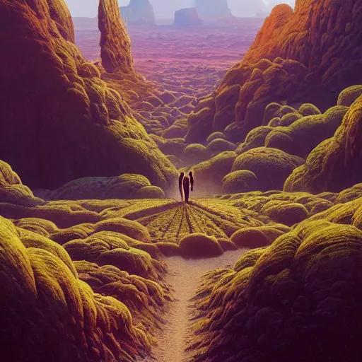 Image similar to A beautiful landscape on an alien planet with giant seeds, and wavy vegetation Giant Amaranth and rock album cover in the valley by Pablo Picaso, greg rutkowski, Ilya Kuvshinov, Chesley Bonestell, Zdzisław Beksiński Trending on artstation and SF ART