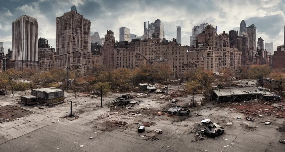Image similar to wide angle shot of dilapidated zombie - apocalypse new york city in real life, desolate with zombies, dilapidated, empty streets, nightmarish, some rusted style parked vehicles, sunny weather, few clouds, volumetric lighting, photorealistic, daytime, autumn, sharp focus, ultra detailed, cgsociety