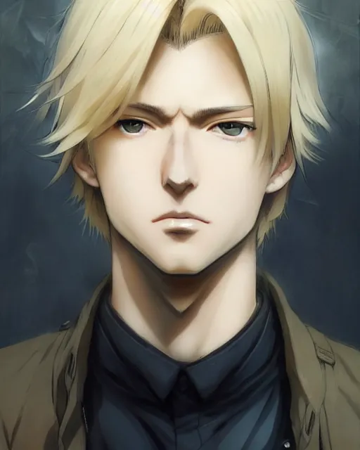 Prompt: portrait Anime Blonde Guy Short Hair Sharp fine face, pretty face, realistic shaded Perfect face, fine details. Anime. cyberpunk realistic shaded lighting by katsuhiro otomo ghost-in-the-shell, magali villeneuve, artgerm, rutkowski Jeremy Lipkin and Giuseppe Dangelico Pino and Michael Garmash and Rob Rey