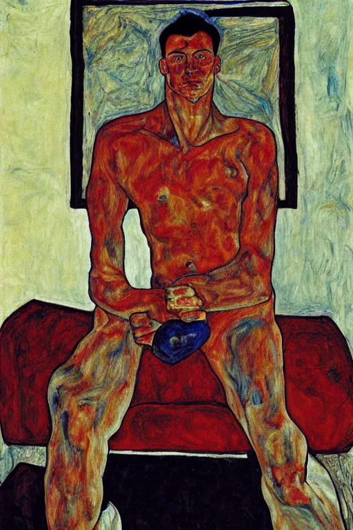 Image similar to portrait of russian athlete young man posing in his grandparents living room, 1987, egon schiele