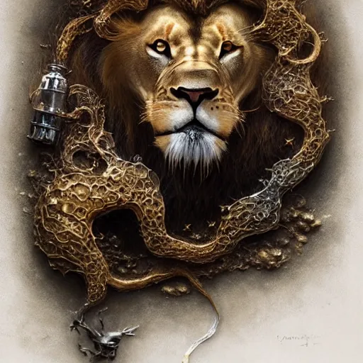 Image similar to a beautiful detailed 3 d matte portrait of a alchemist lion, by ellen jewett, by tomasz alen kopera, by justin gerard, ominous, magical realism, texture, intricate, skull, skeleton, gold coins, money, whirling smoke, alchemist bottles, radiant colors, fantasy, volumetric lighting, high details